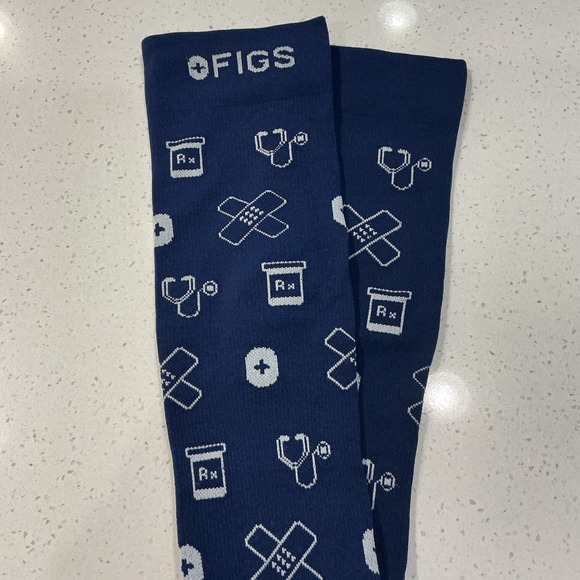 FIGS Compression Socks Navy Blue Medical Healthcare Icons Rx Stethoscope Bandage - Picture 2 of 3
